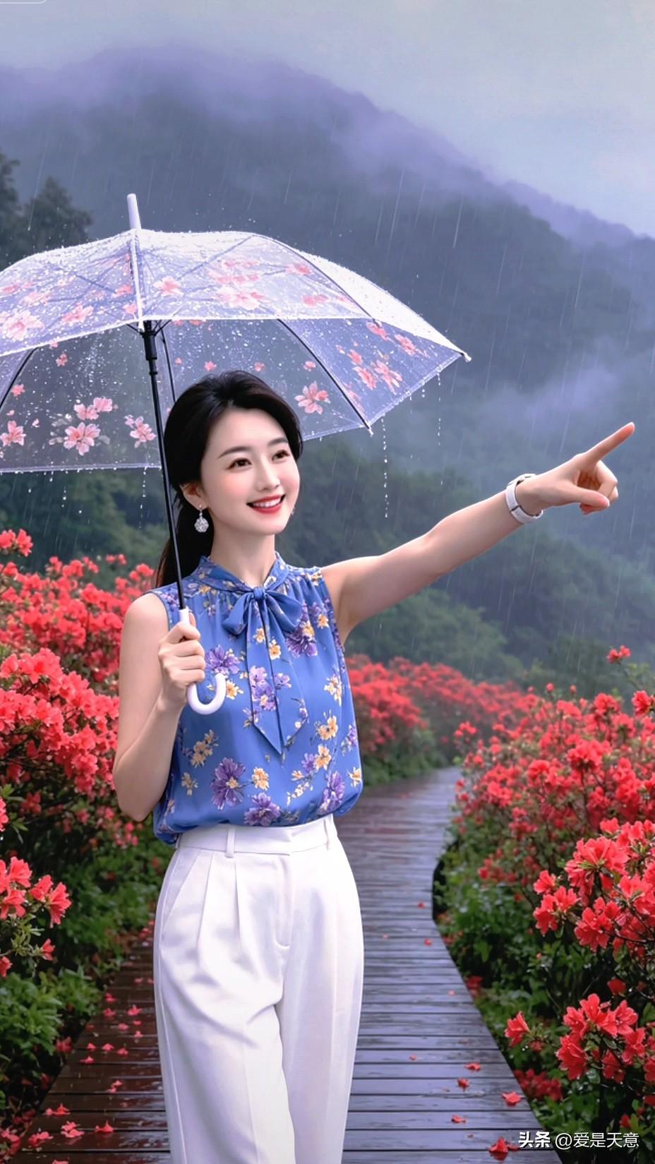 山间雨雾繁花相伴，蓝碎花无袖衫配白阔腿裤，简约温柔，解锁舒适出游氛围感look。