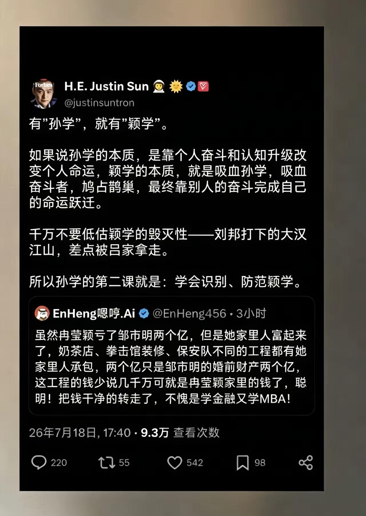 孙宇晨在海外社交平台提出“孙学”与“颖学”的对立概念。他称孙学依靠自身奋斗、提升
