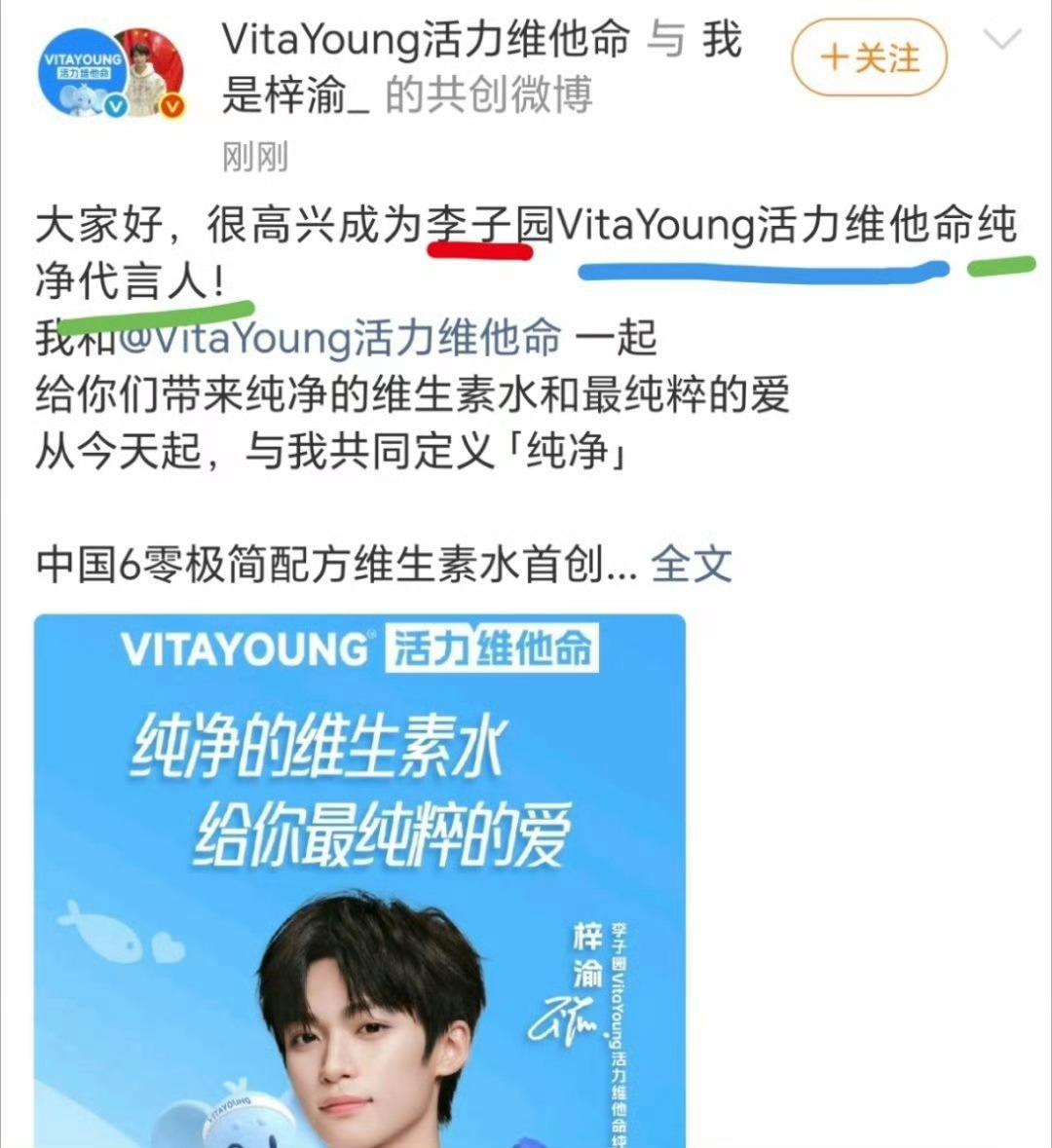 梓渝 VitaYoung李子园代言人是成毅活力维他命代言人是丁禹兮梓渝代言的是支