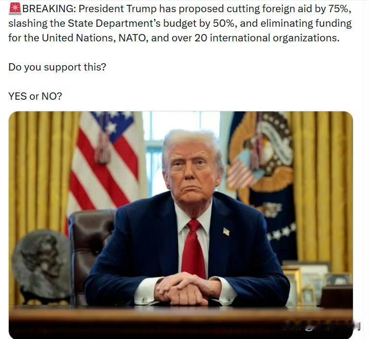 特朗普总统提议将对外援助削减 75%，将国务院预算削减 50%，并取消对联合国、