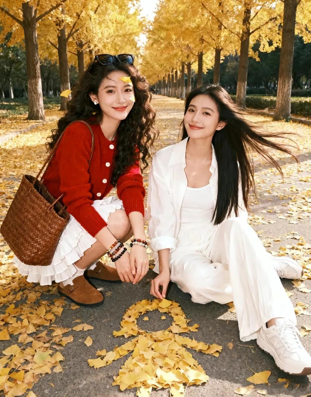 深秋的银杏道，是季节写给城市的诗。
 
卷发姑娘裹着热烈的红，白裙边沾了碎金般的