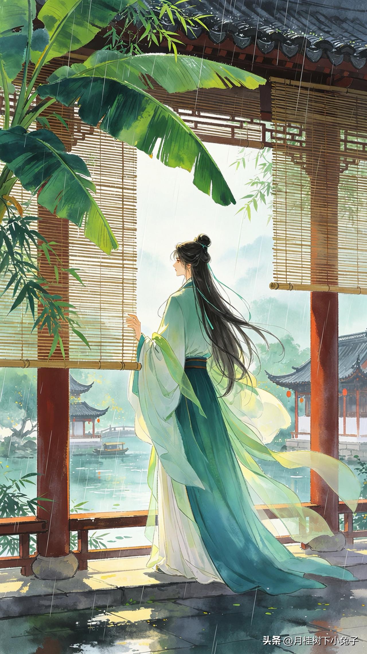 帘外轻烟细雨濛，
芭蕉叶展翠玲珑。
何时得遂归耕愿，
       
…………请