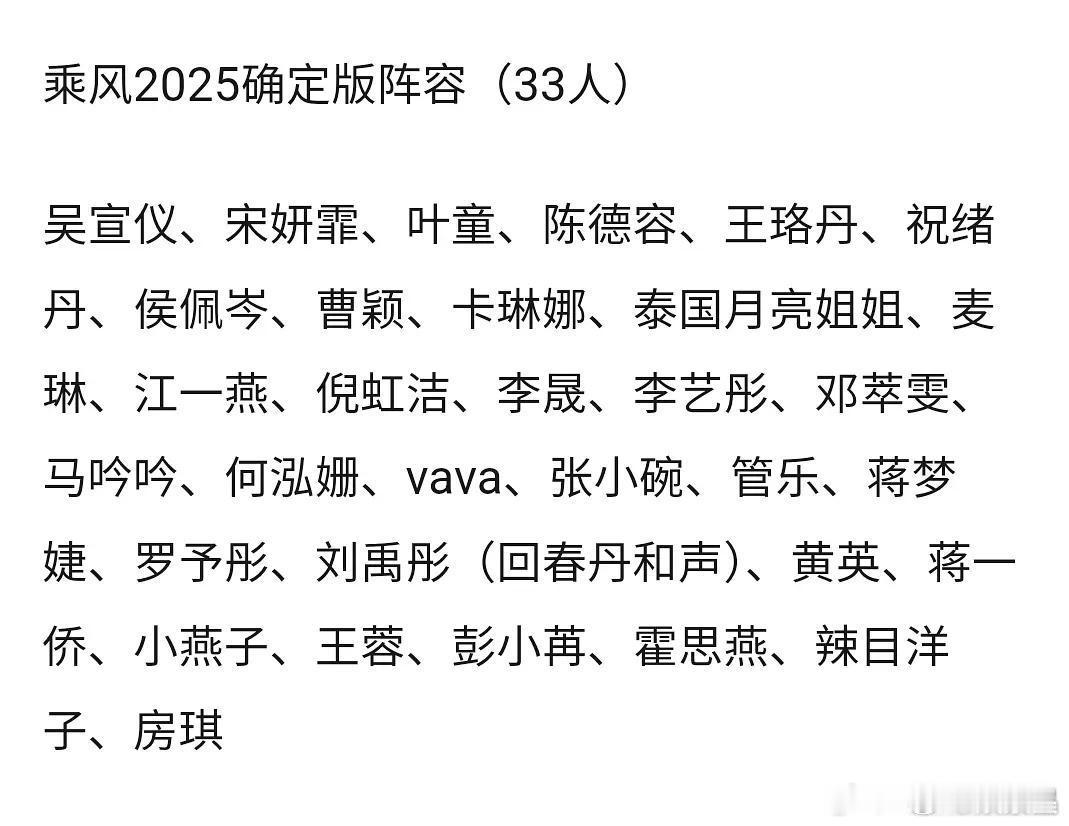 乘风破浪的姐姐2025阵容定了，感觉叶童、卡琳娜、侯佩岑容易有热度。 