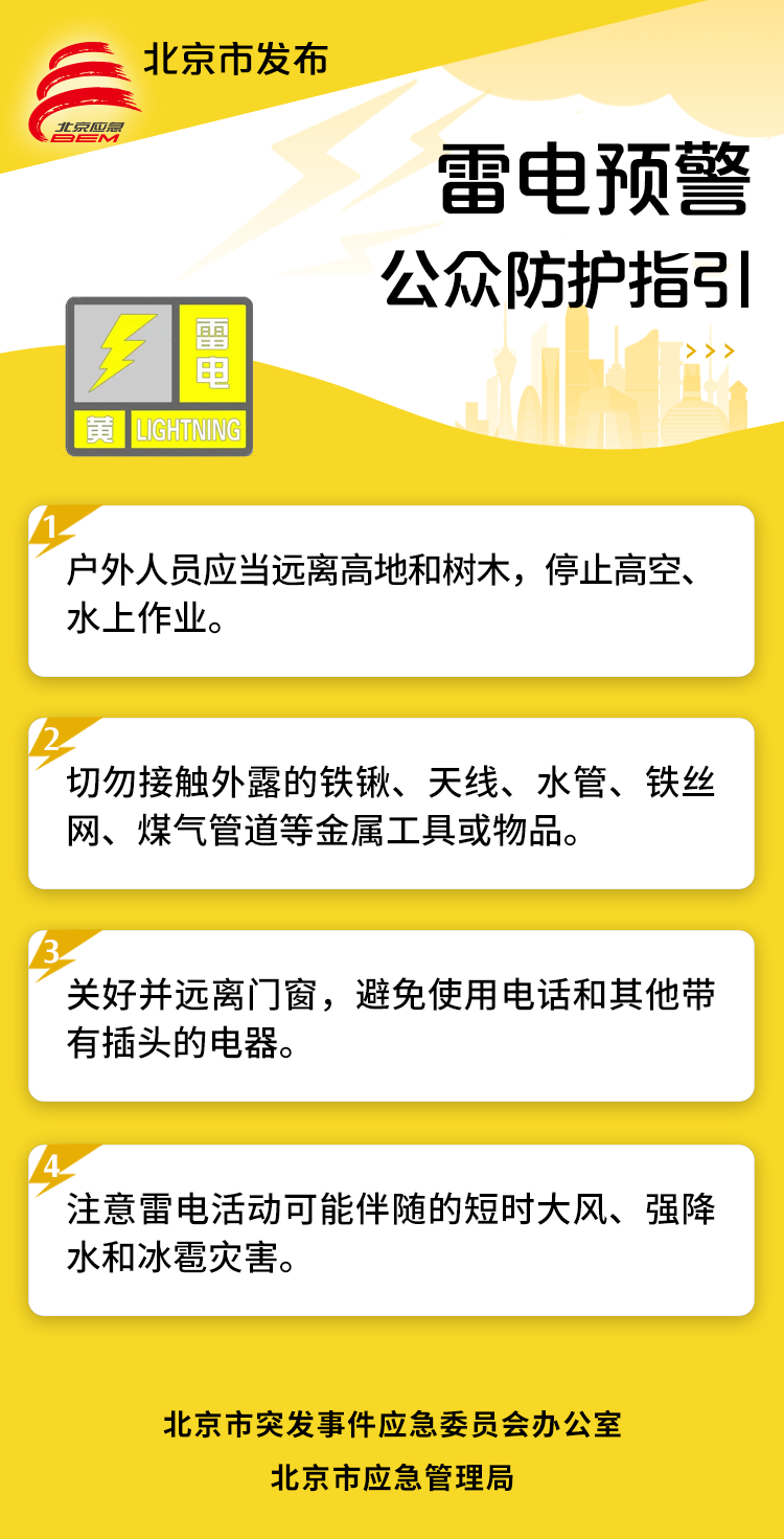 密云区发布雷电黄色预警，注意防范！