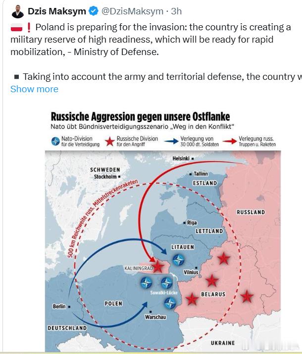 俄乌冲突 一个乌克兰人，用一张德语标记的地图以英文向波兰人强调俄罗斯即将入侵波兰