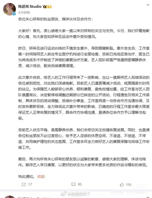 陈妍希运动时意外导致跟腱断裂，目前手术顺利完成，接下来是漫长的康复之路，希望早日
