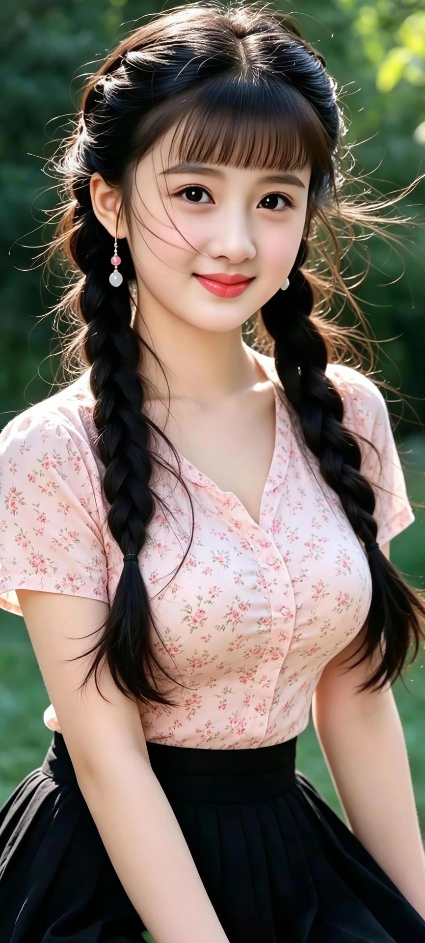 甜美少女风，粉色花衬衫搭配黑色裙子，双马尾辫，清新自然！🌸💖