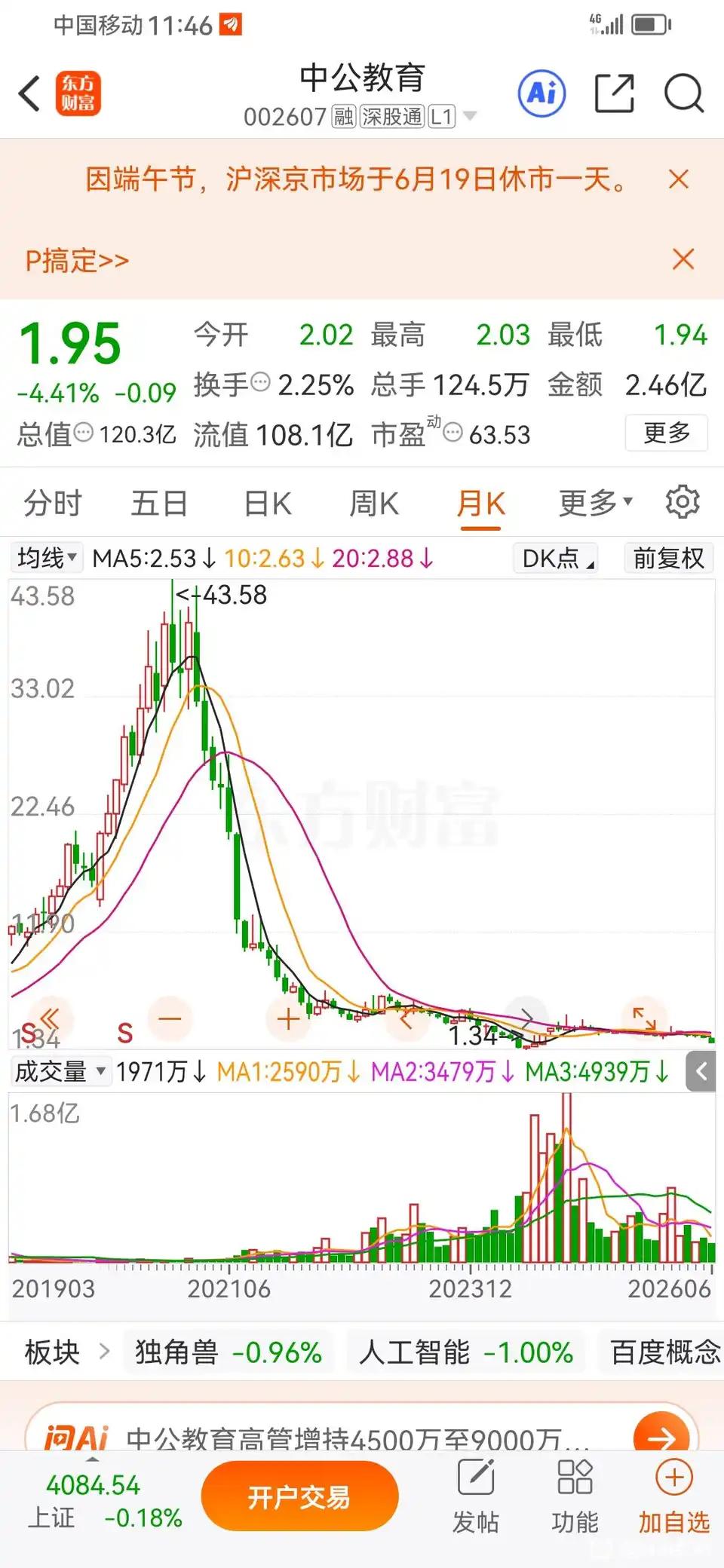 还拿着老登股的

去看看中公教育，曾经的千亿大白马，逻辑硬，现在呢？
没了逻辑啥