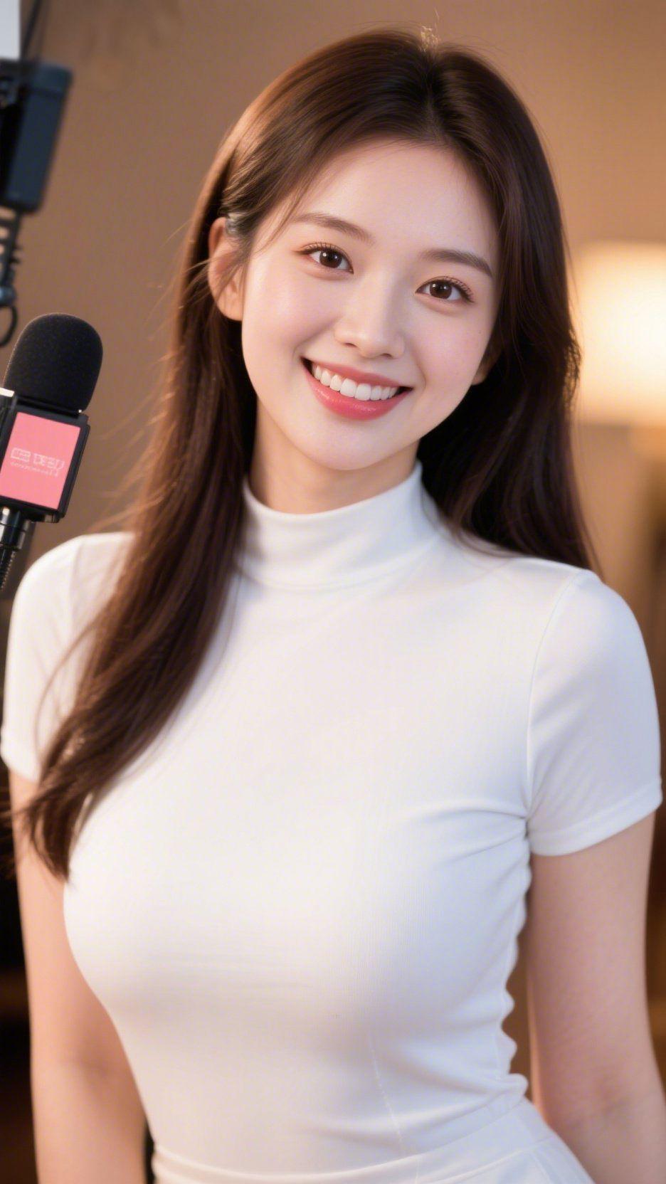 《素衣裹声柔》
 
暖调光影里，素白衣衫漫着温软的净，像把午后的光收进了衣褶里。