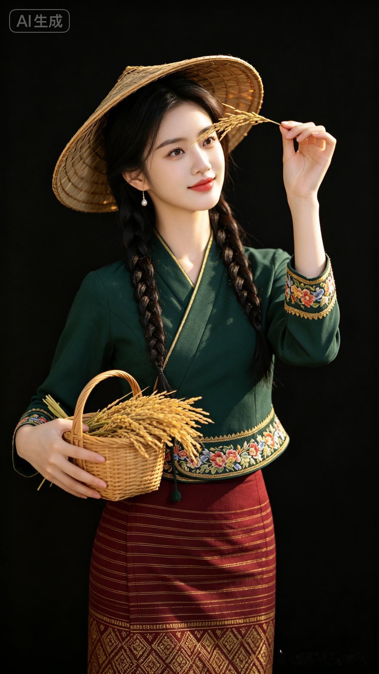 25岁温婉傣装女子编麻花辫戴竹斗笠，手捧稻穗竹篮，纯黑背景暖金侧逆光，刺绣稻穗纹
