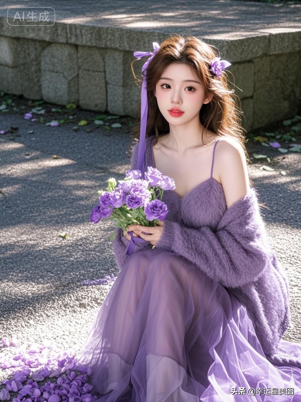 梦幻紫色少女，花海中的优雅公主