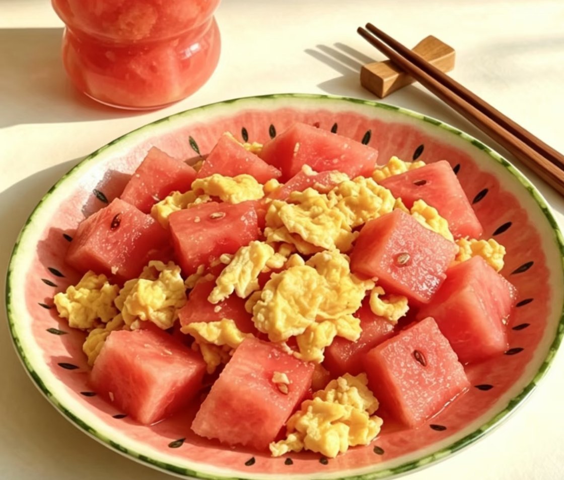 当我意识到西瓜也是瓜西瓜是水果，也可以算“蔬菜编外”可以西瓜炒鸡蛋 