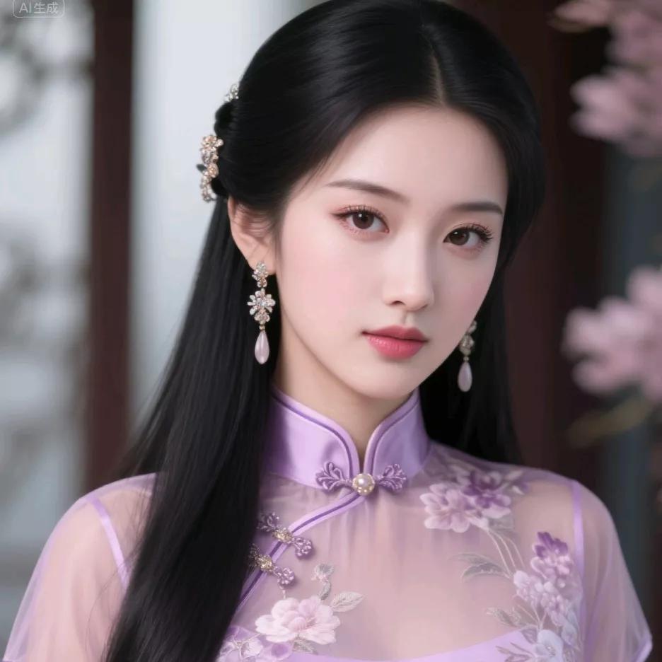 古风美人，韵味十足，粉紫色旗袍，精致优雅粉缎旗袍 紫色旗袍 绿花旗袍少女 紫色中