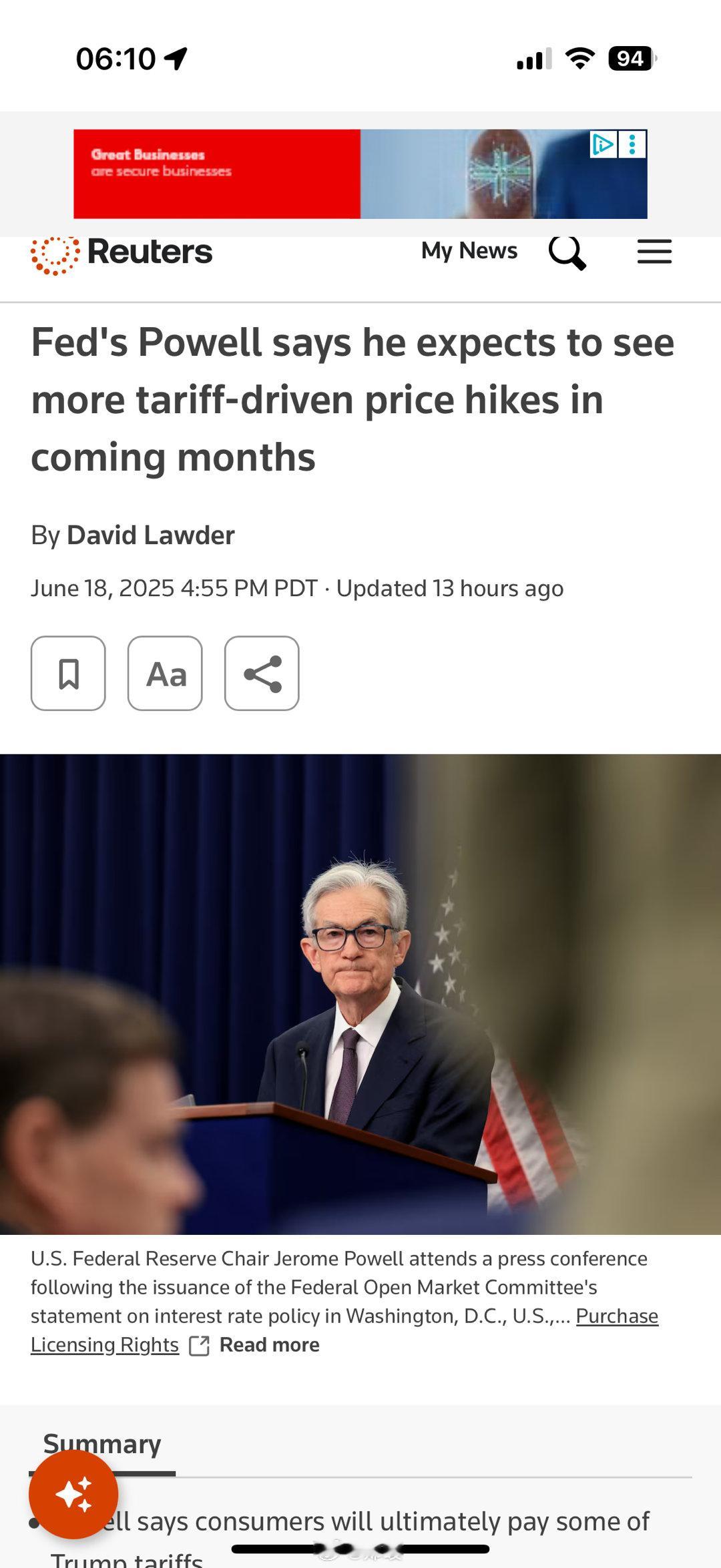 美联储主席杰罗姆·鲍威尔表示，他预计未来几个月将出现更多由关税引起的物价上涨。美