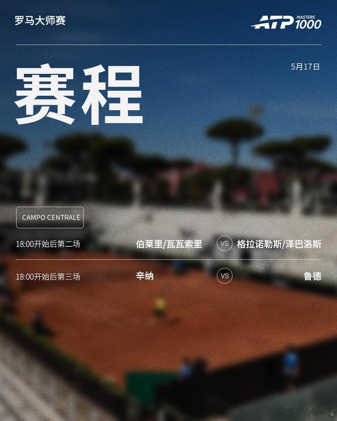 ATP1000 罗马大师赛周日赛程如下（均为北京时间）👀📍意大利·罗马🎾男