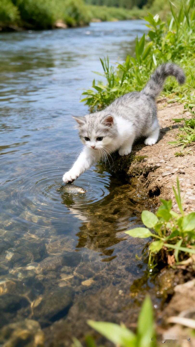 小猫咪河边戏水，萌趣十足！🐱💦野外的小猫咪 湖边的小猫