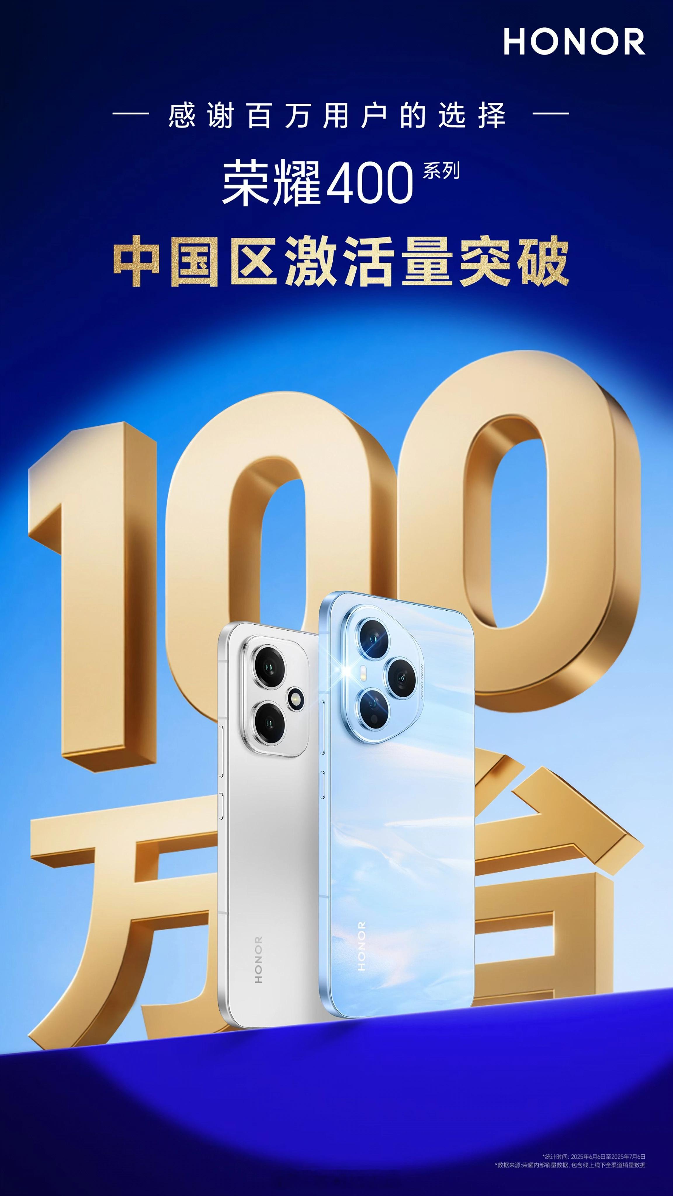 荣耀400﻿ 系列上市1个月，中国区激活量突破100万台[举手] ​​​