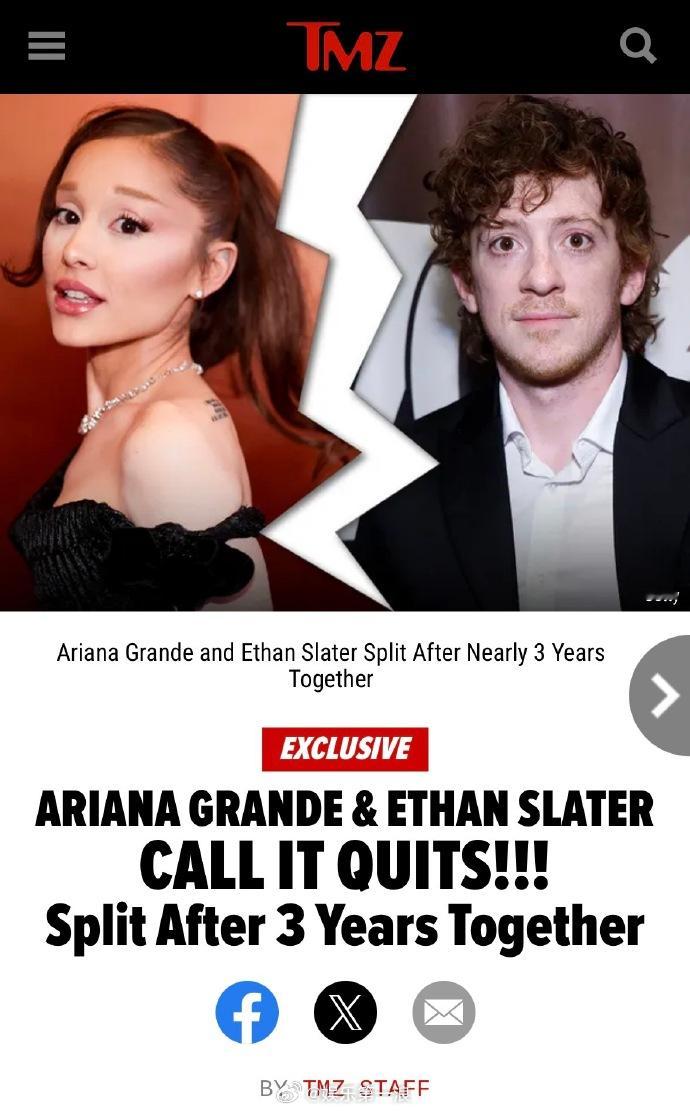 A妹分手曝A妹分手 据TMZ爆料，A妹Ariana Grande与男友伊桑·斯莱