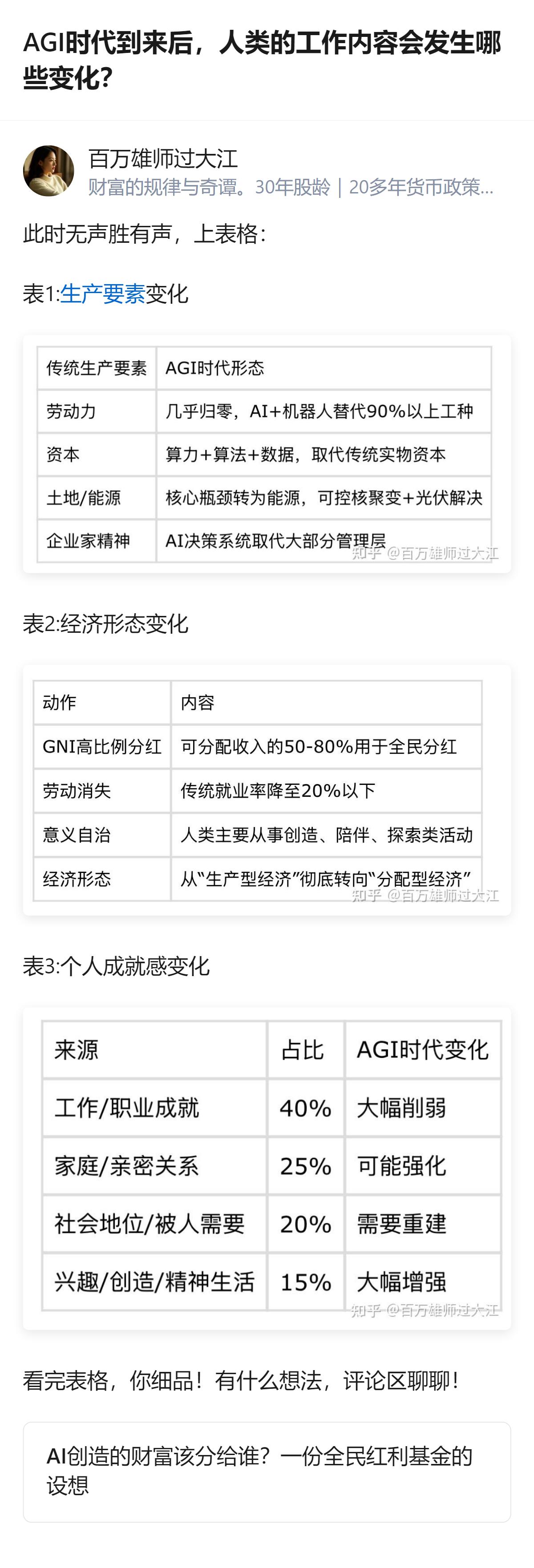 关于AGI时代人类工作内容的变化，有答主整理了包含工作内容、经济形态、个人成就感