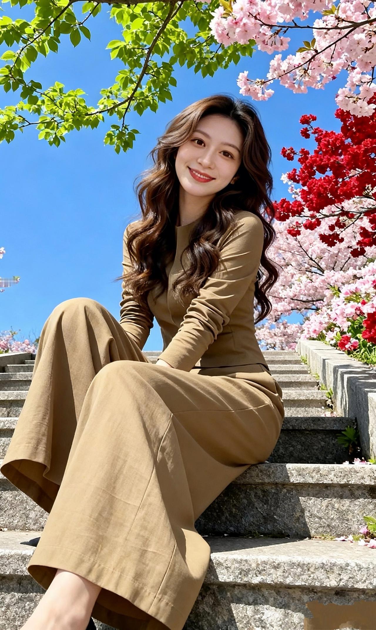 《樱下闲坐》
 
蓝天铺开澄澈的幕布，石阶承着春日的暖阳
你静坐在春的中央，成了