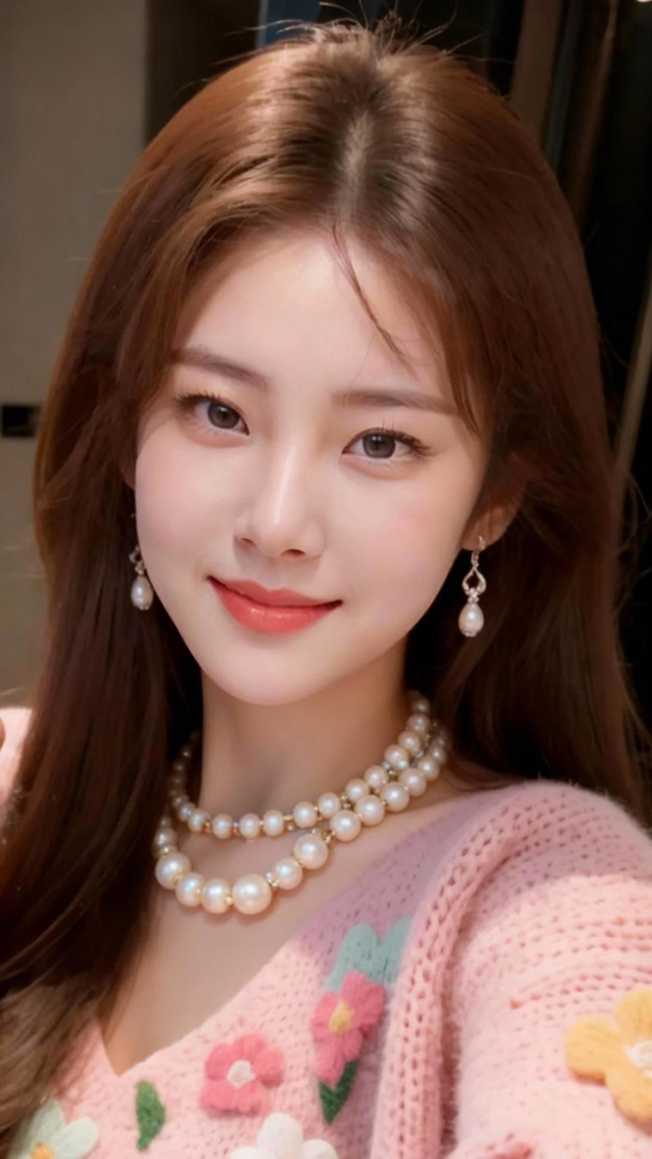 温柔甜美的粉色毛衣，搭配珍珠项链和耳环，少女心满满！💖✨