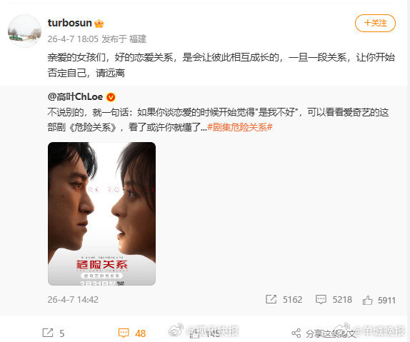 【#孙俪恋爱观#】#孙俪建议远离否定自己的恋爱#4月7日， 发文为孙俪新剧打ca