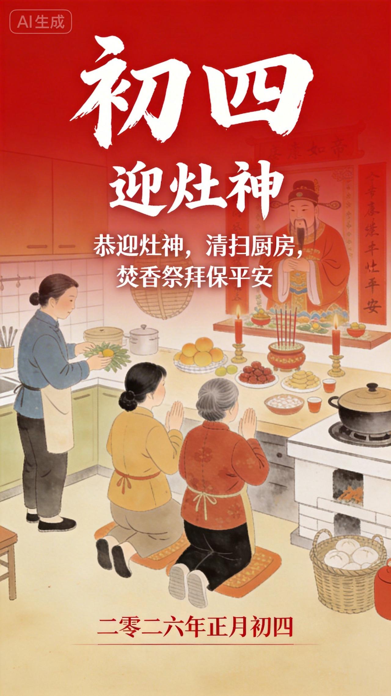 初四迎灶归，烟火暖家门。
老传统讲：送神早，接神迟，下午傍晚迎最合适。
 
擦净