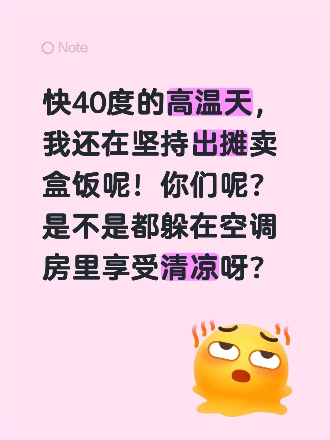 哪个赚钱容易啊。快40度的高温天，我还在坚持出摊卖盒饭呢！你们呢？是不是都躲在空