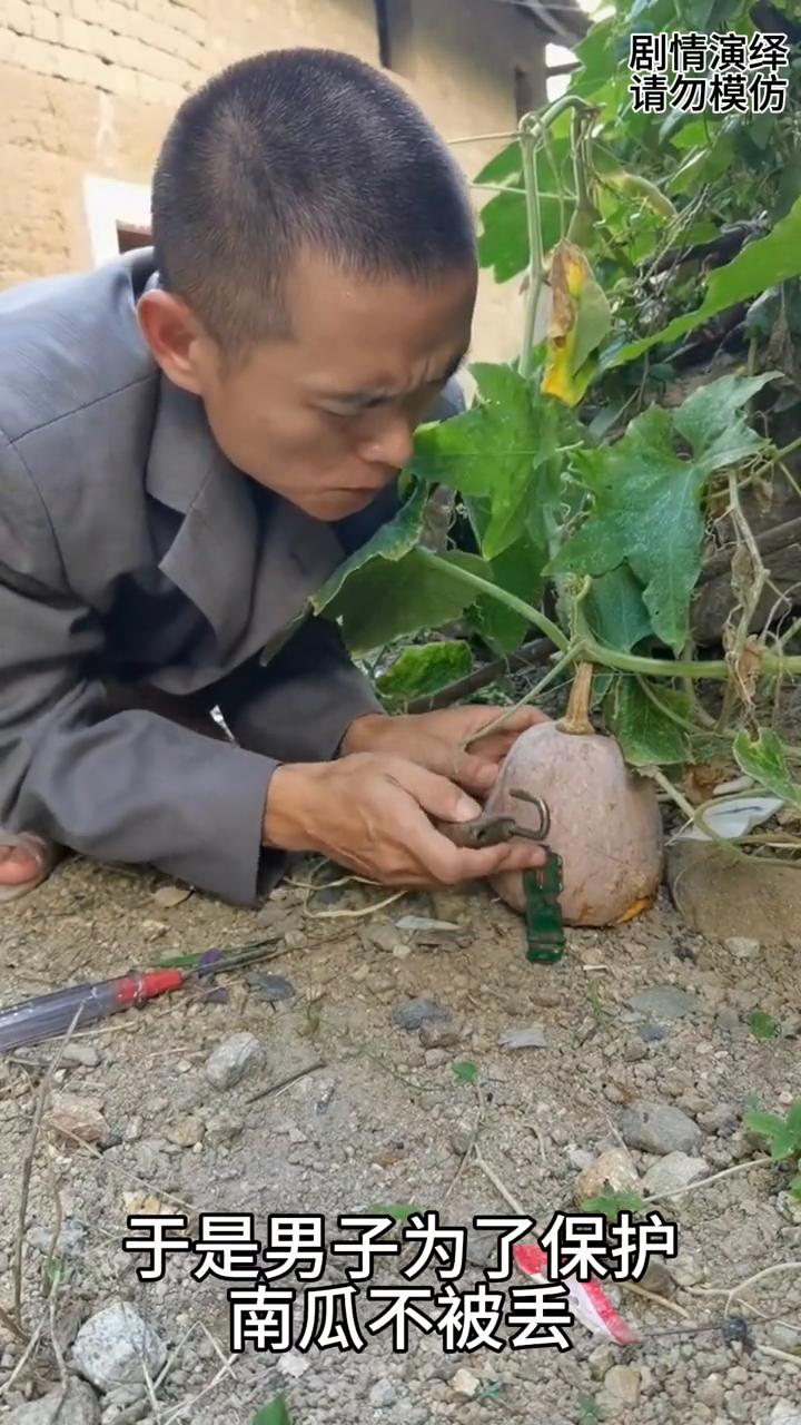 男子为了保护家里南瓜不丢，下一秒他将南瓜锁住，太有才了。
家里的南瓜总是丢，于是