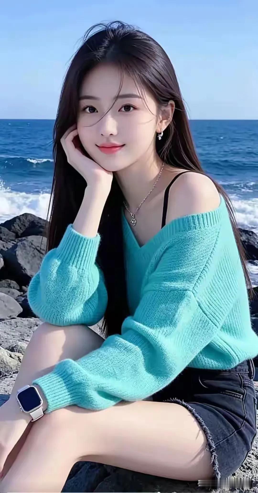 赴一场海边之约，蓝调毛衣和大海刚好相配。
温柔风海边照 海边长裙照