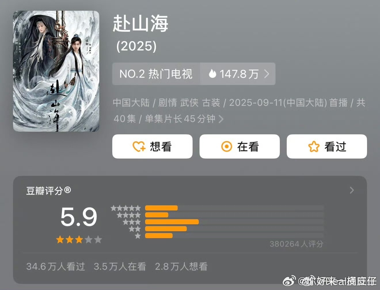 成毅[超话]成毅赴山海5.9分赴山海豆瓣5.9分 ​赴山海豆瓣开分啦～ ​​​