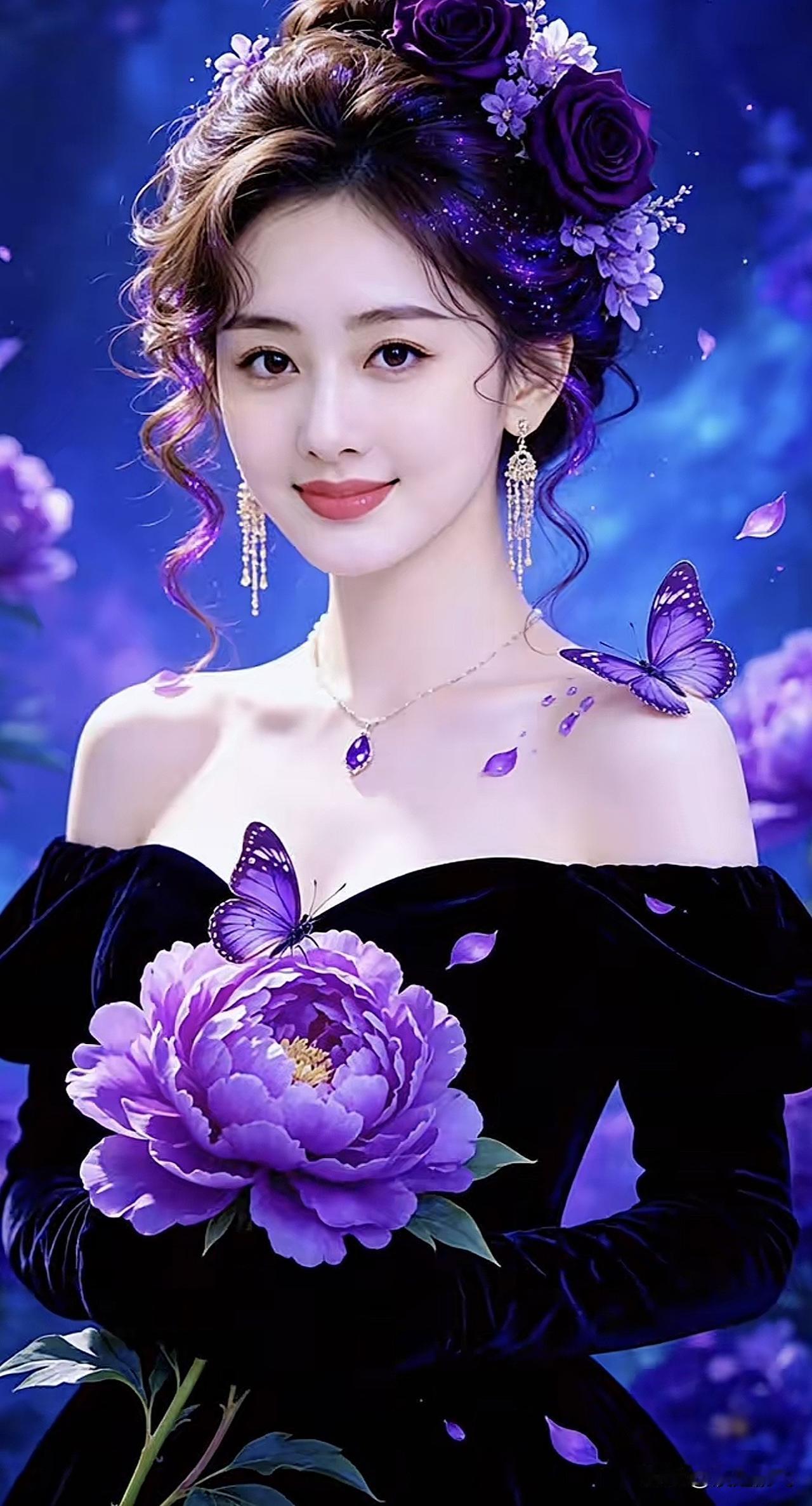 紫衣美人捧花，蝴蝶翩翩起舞。紫衣佳人写真 紫衿美人 紫纱美人图 紫衿美人 紫纱美