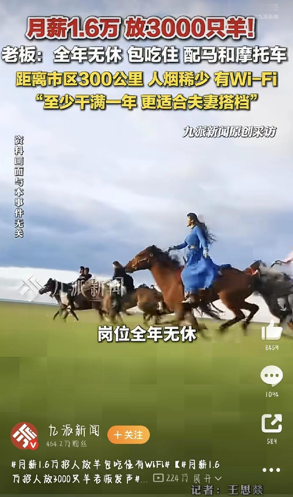 最近网上有个招聘火得一塌糊涂——内蒙古锡林浩特招人放羊，月薪1.6万，包吃包住，