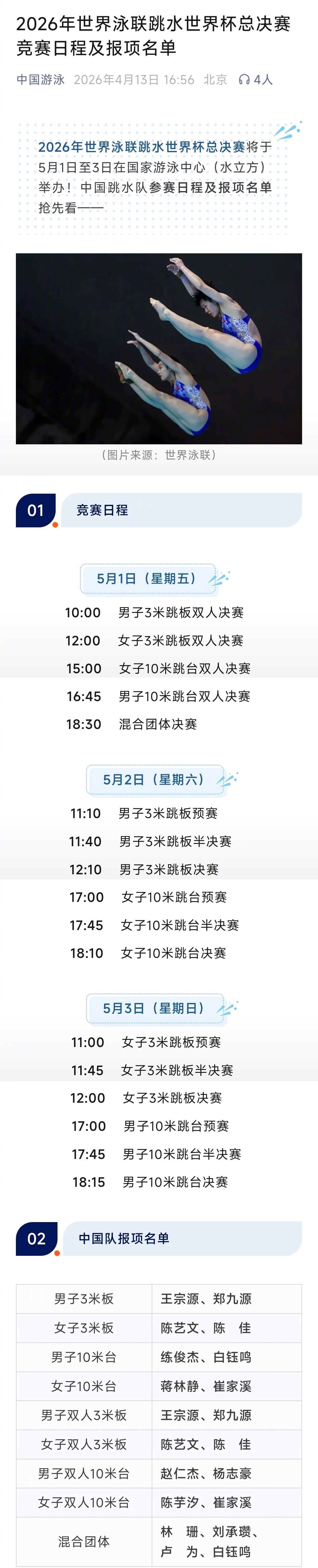 跳水世界杯总决赛参赛名单正式出炉 全红婵确定缺席本土赛事2026年世界泳联跳水世