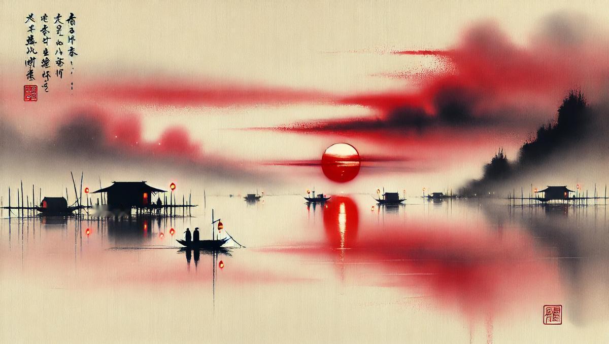 《渔舟晚唱》
夕阳西下水天红，
渔火点点映长空。
岸边谁家歌声起，
一一一一一一