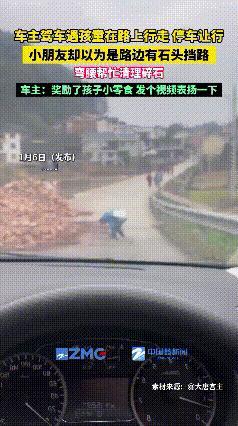 这个小男孩要火了！湖南，车主驾车遇孩童在路上行走，停车让行时，却见小朋友误以为路