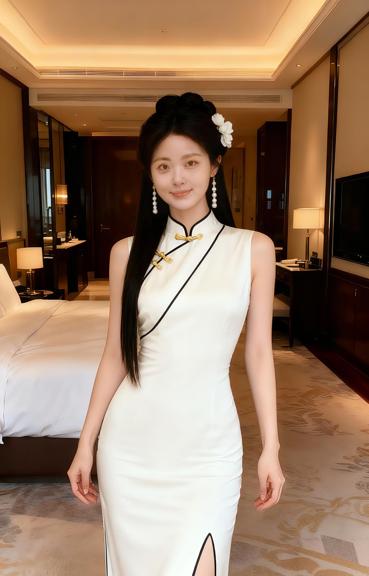 短袖紧身长裙，旗袍设计，修身款式。优雅庄重，气质超然！