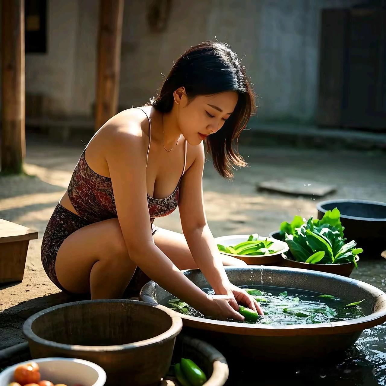 《盆中洗菜的她》
 
农村小院菜盆旁，
女子弯腰洗菜忙。
清水潺潺流指缝，
心思