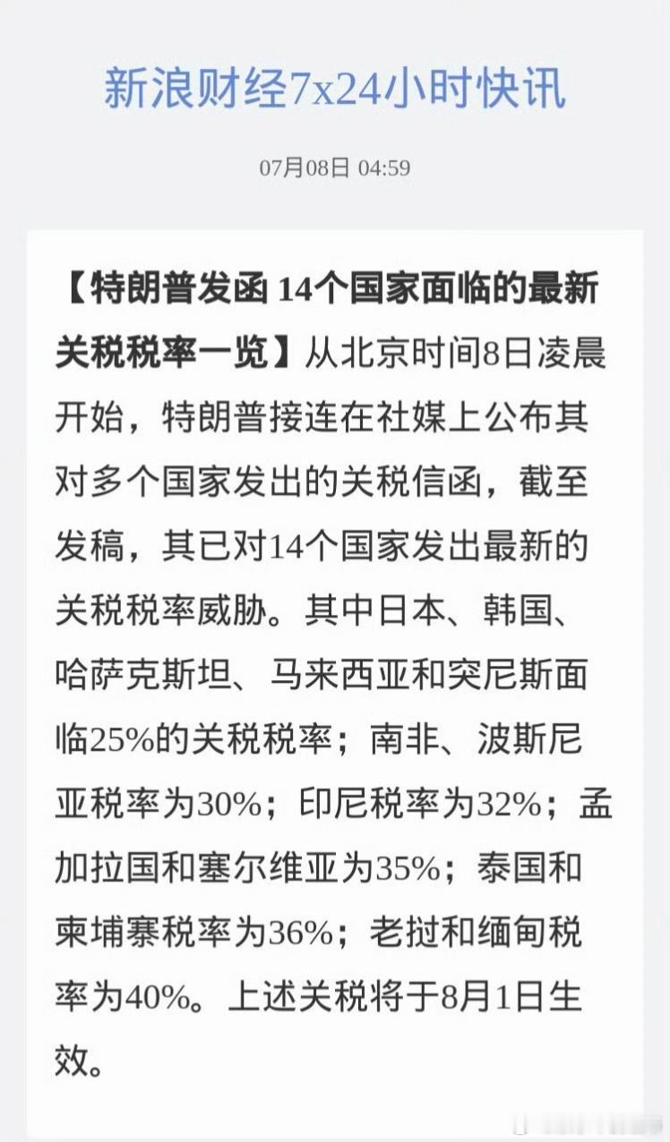 特朗普发函 14个国家面临的最新关税税率一览第一波出炉：从北京时间8日凌晨开始，