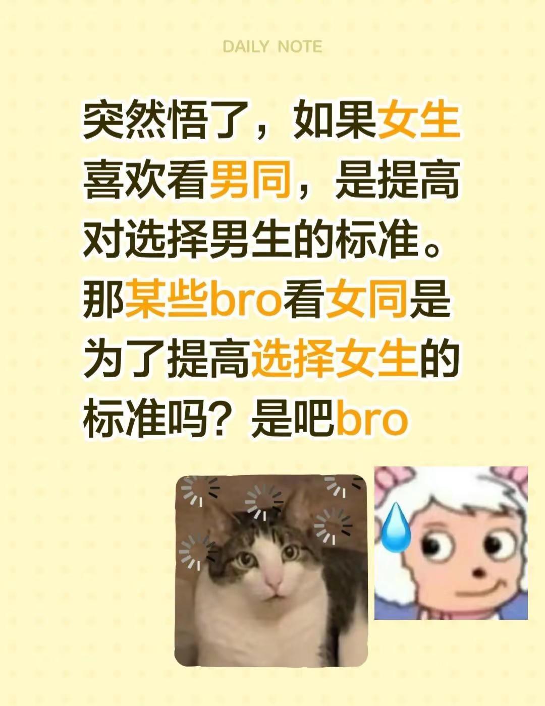 突然悟了，如果女生喜欢看男同，是提高对选择男生的标准。那男生看女同是为了提高选择