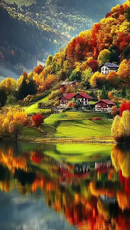 秋意渐浓，山水间的小屋，如诗如画。🍂🏡🍁秋色美景。 优美风景照片 油画般秋