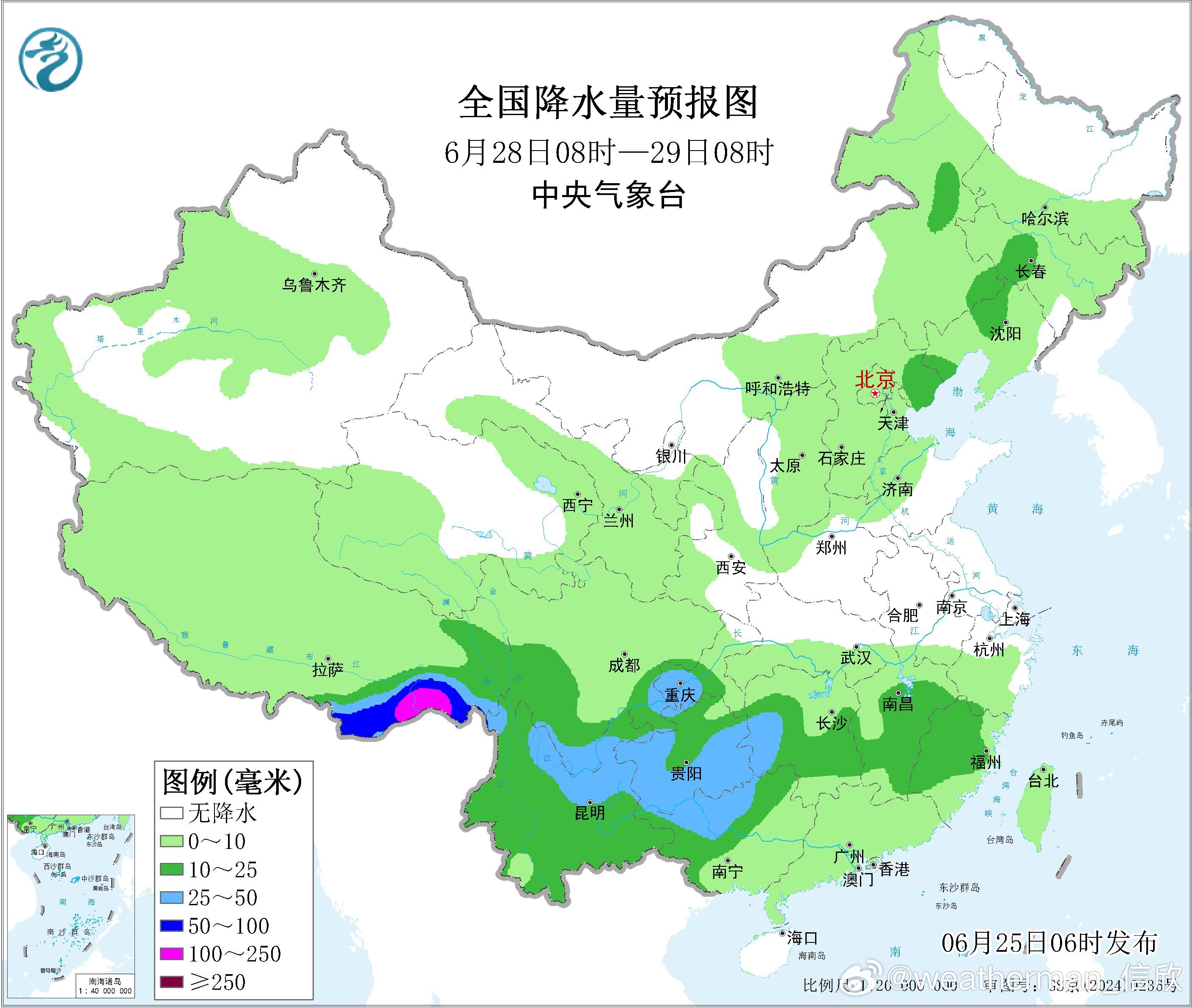【降雨展望】目前预报看，28日起，随着副热带高压加强北抬，主雨带将会北抬至江南北