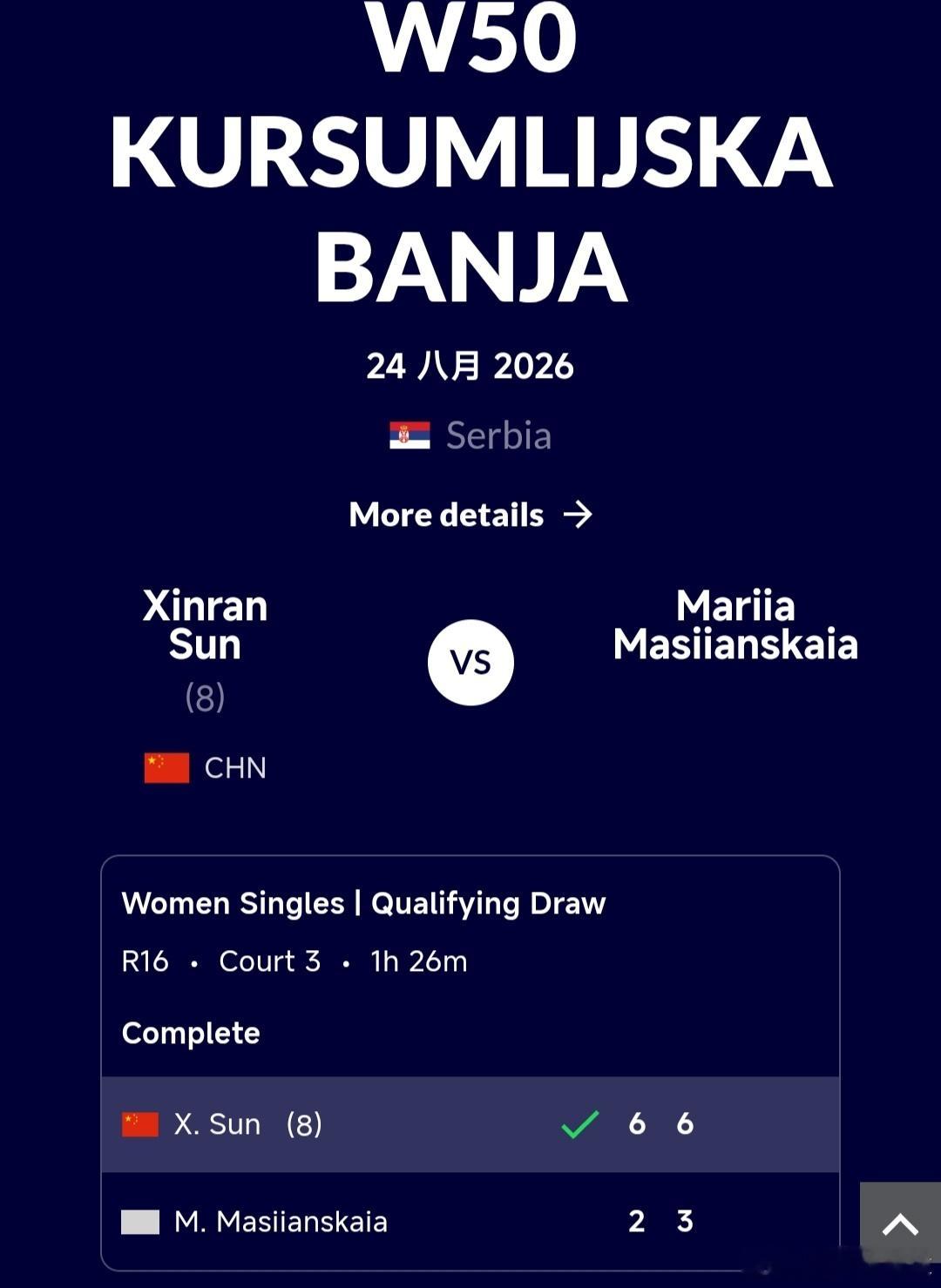 W50库尔舒姆利亚站🇷🇸资格赛决胜轮孙心然🇨🇳6-2/6-3战胜马西扬斯
