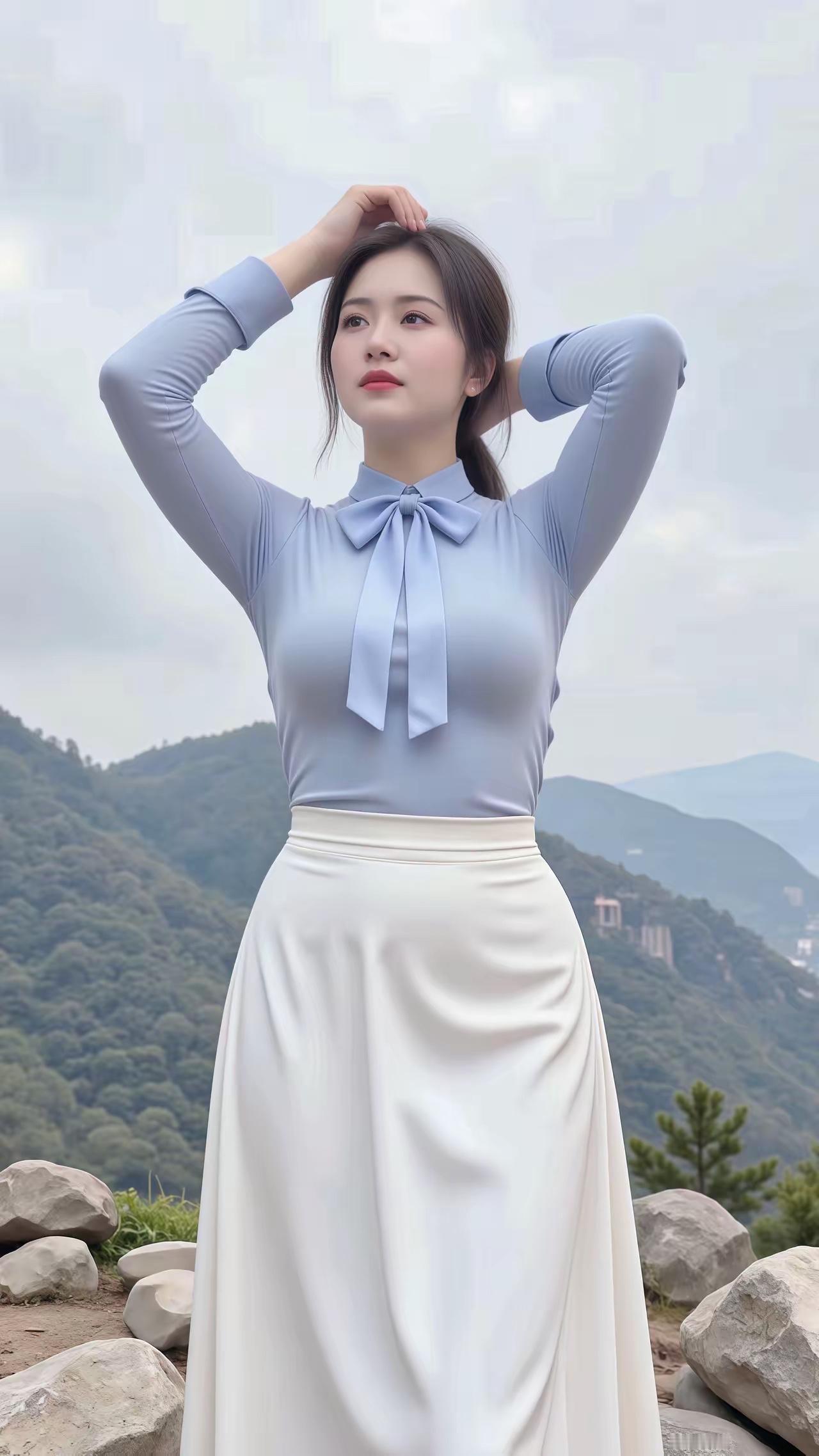 优雅蓝白穿搭，山间仙气飘飘