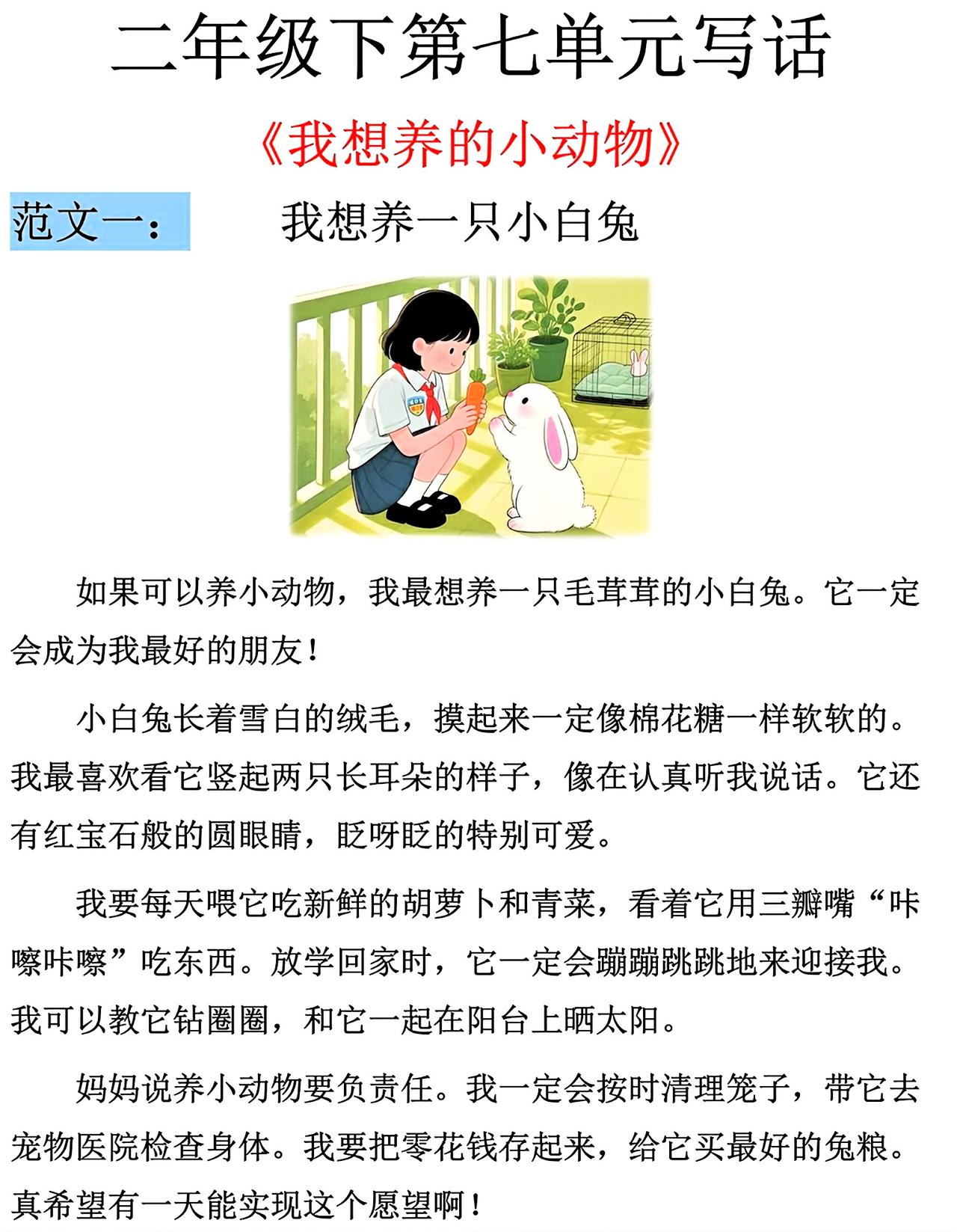 二年级下册语文，第七单元写话《我想养的小动物》范文4篇，收藏备用二年级语文 作文