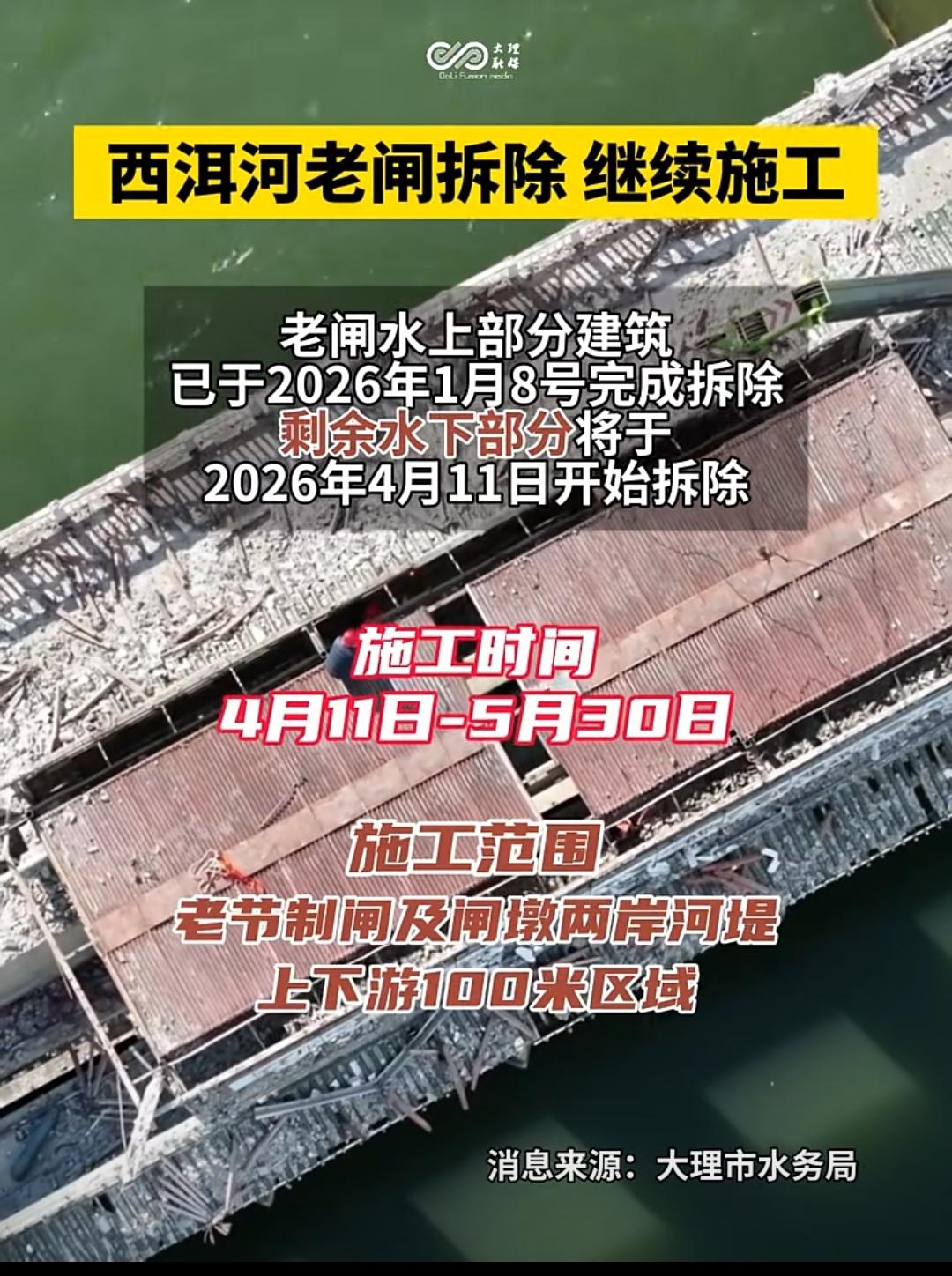 大理市西洱河老节制闸拆除工程正有序进行。
这老闸自1990年竣工运行超35年，曾