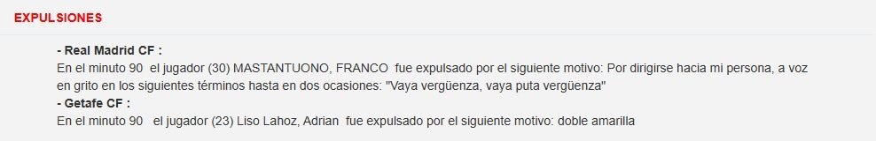 裁判报告中写到：第90分钟，马斯坦图奥诺被红牌罚下，原因如下：两次大声辱骂：“V