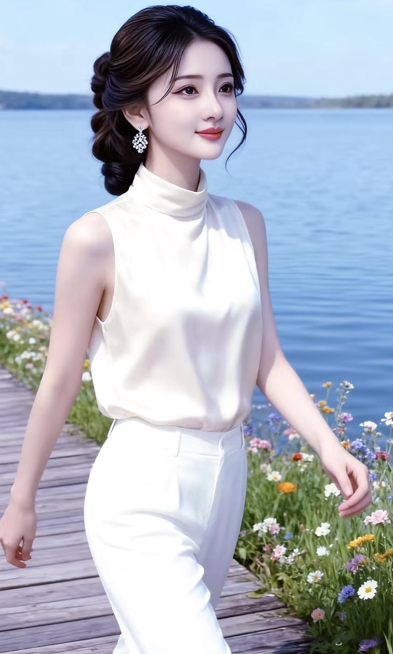 湖畔花间步，风姿似仙子。湖畔绿裙照 湖畔气质照 湖畔紫裙照 湖畔气质照 湖畔紫裙
