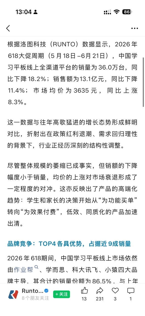 学习机销量同比降18%家长确实是没钱了 