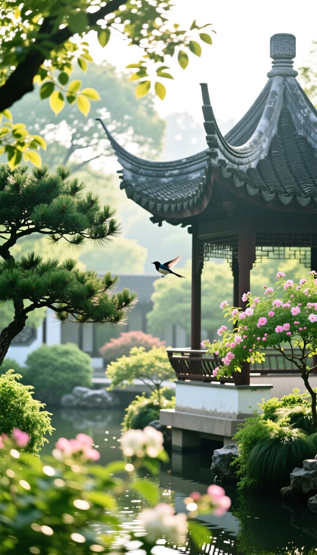 晨游亭园
 
晨逛亭园风送爽，花影摇曳迎新韵。
翠柏苍松伴清浅，小经幽深引步频。